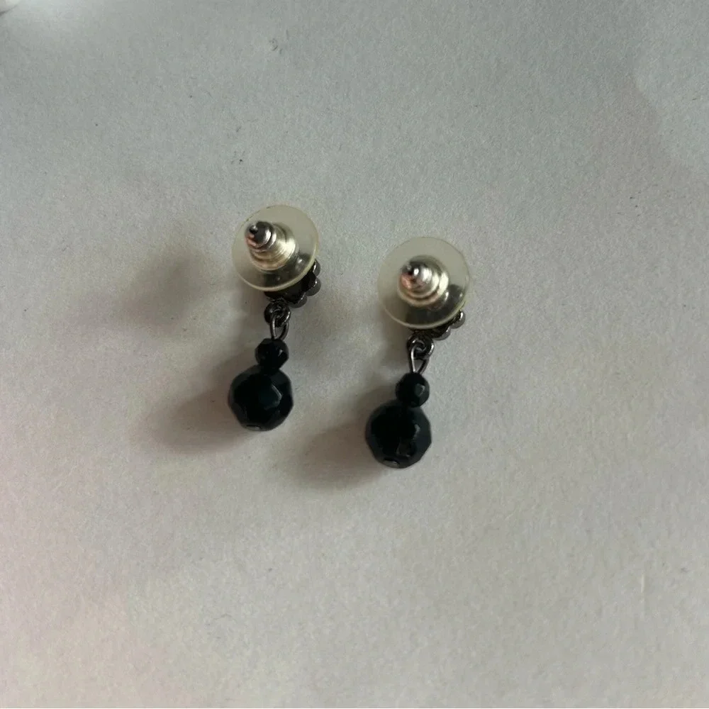 3/$20 Black Flower Beaded Crystal Dangling Drop Circular Silver Tone Earrings